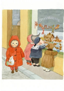 Postkarte Kinder vor der Bäckerei