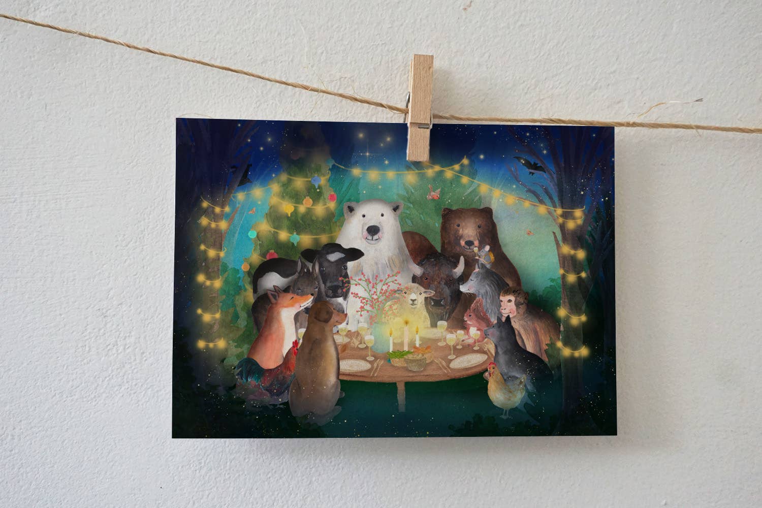 Postkarte Gemeinsam Essen mit Lampions
