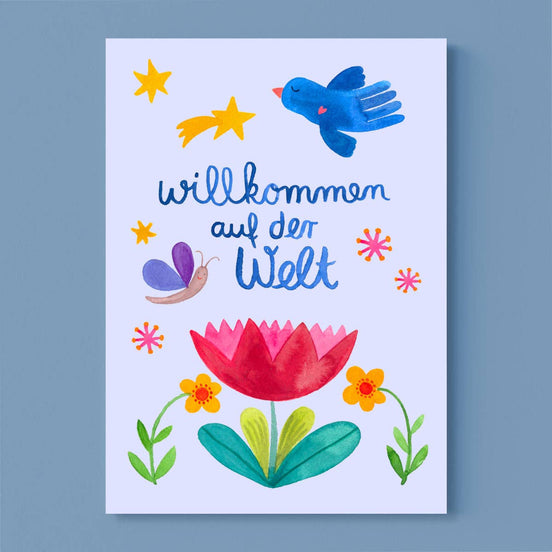 Postkarte zur Geburt *Willkommen* mit Blumen