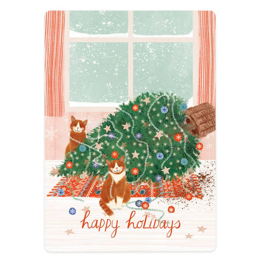 Postkarte Weihnachtsbaum und Katzen