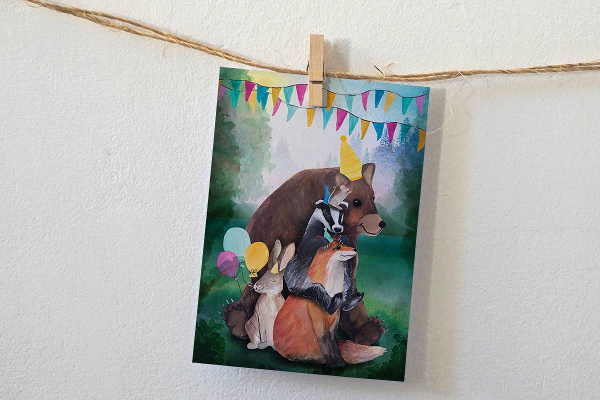 Postkarte Tieren mit Partyhütchen