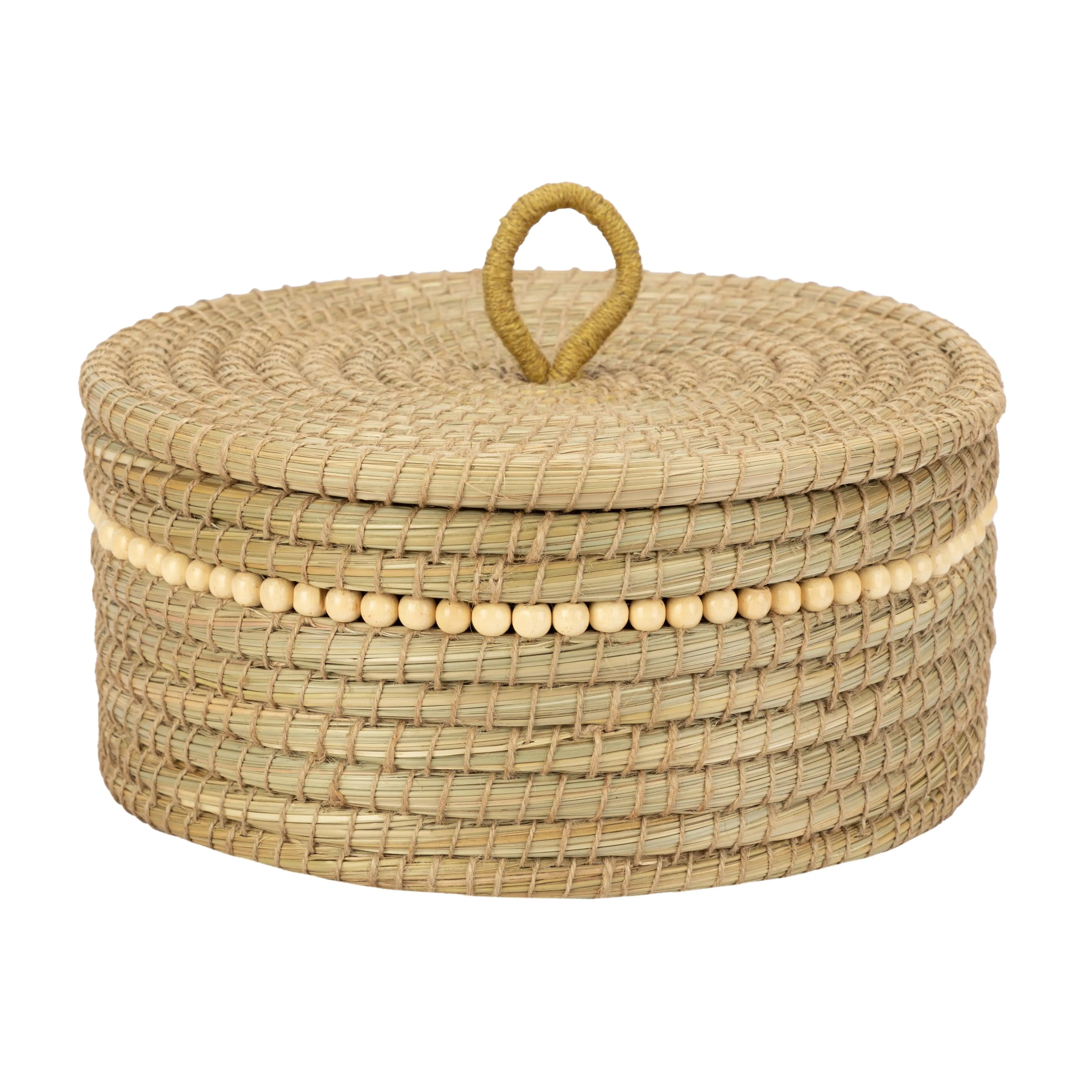 Korb mit Deckel und Perlen, Natur Ø30cm