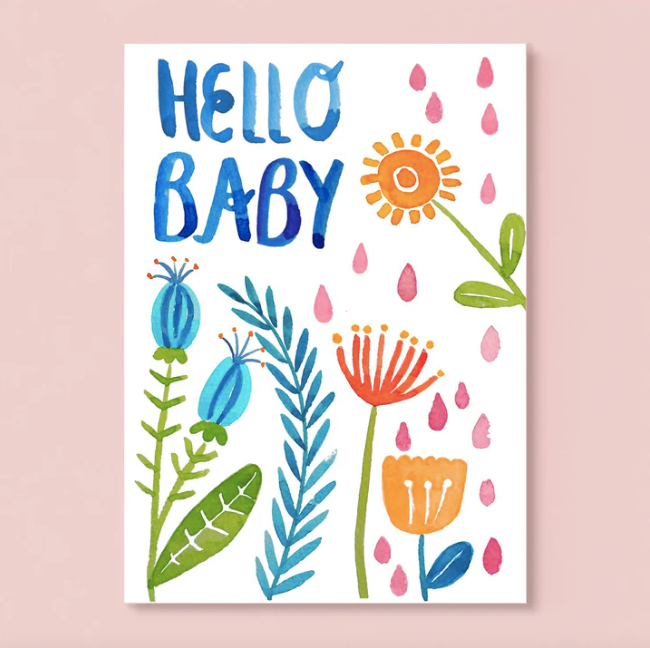 Postkarte Hello Baby mit Blumen