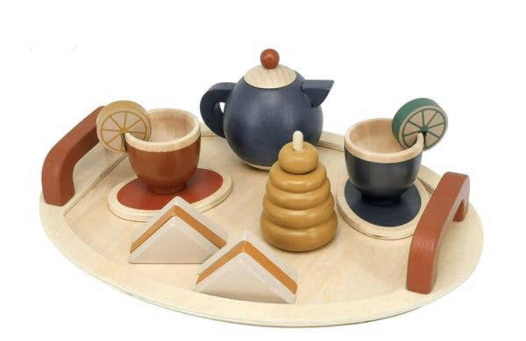 Tee-Set mit Tablett und Accessoires aus Holz
